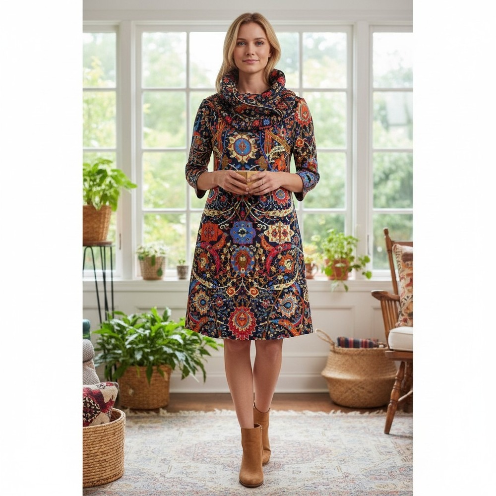 Gretchen Scott Navy Blue Paisley Floral Ruffle Collar Shift Dress XS
